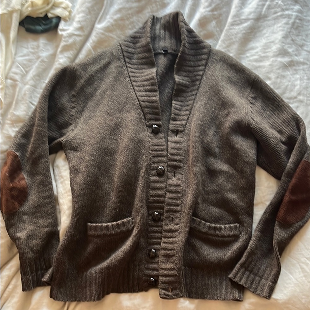 Brown Cowl Neck Cardigan with Elbow Patches - 100% wool